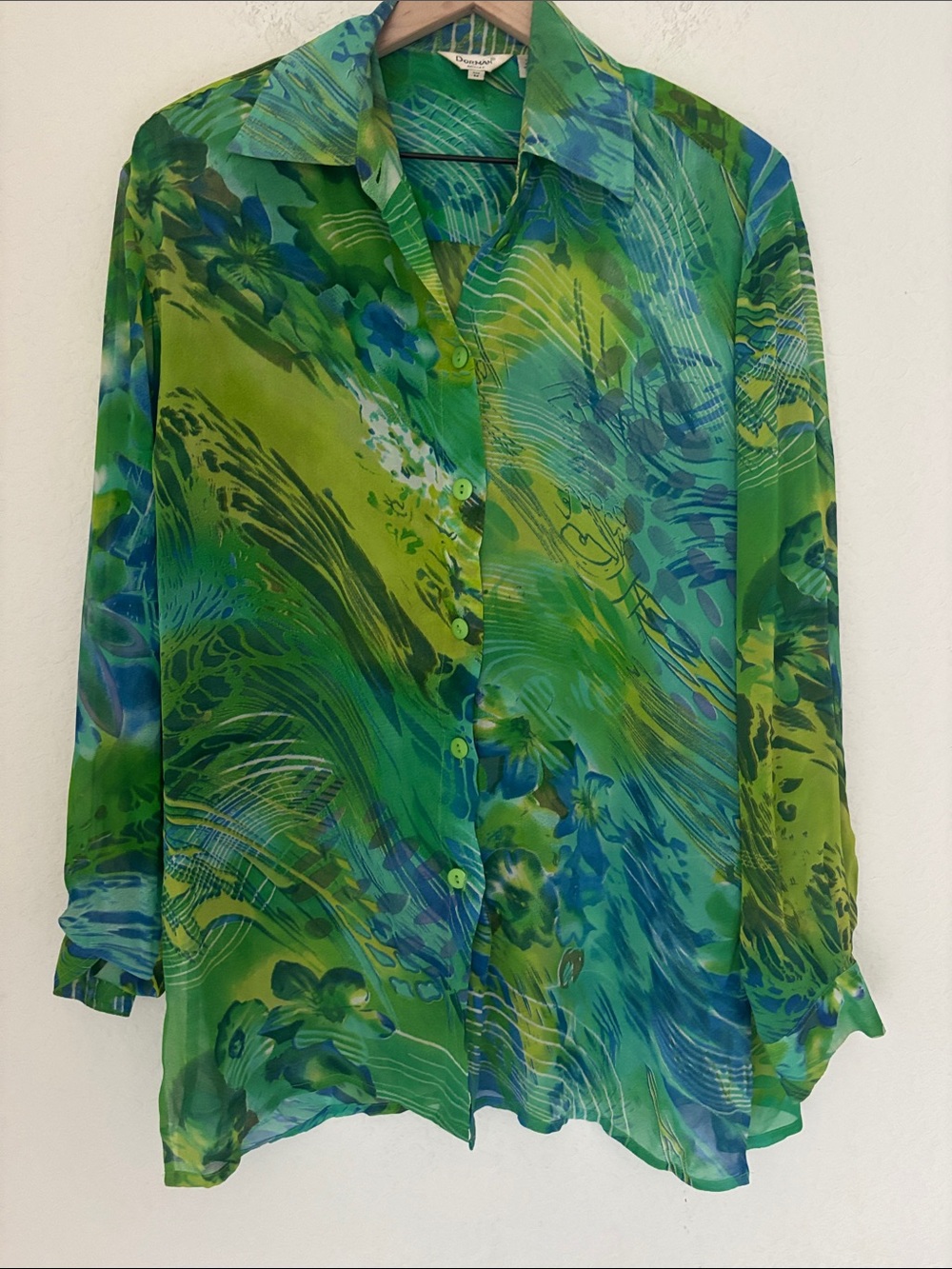 VIntage DORMAN oversized silk Sheer Green & Blue Floral Button-Up Blouse size m